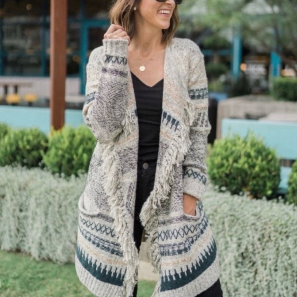 Cabi Shetland Fringe Cardigan S Small 3701 Open Front Geometric Southwest Boho‎